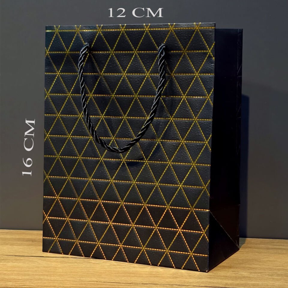 Siyah Geometrik Desenli Mini Boy Karton Hediye Çantası