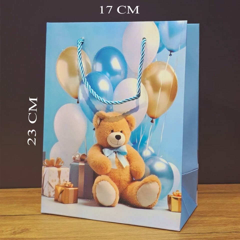 Ayıcık Desenli Mavi Küçük Boy Karton Hediye Çantası