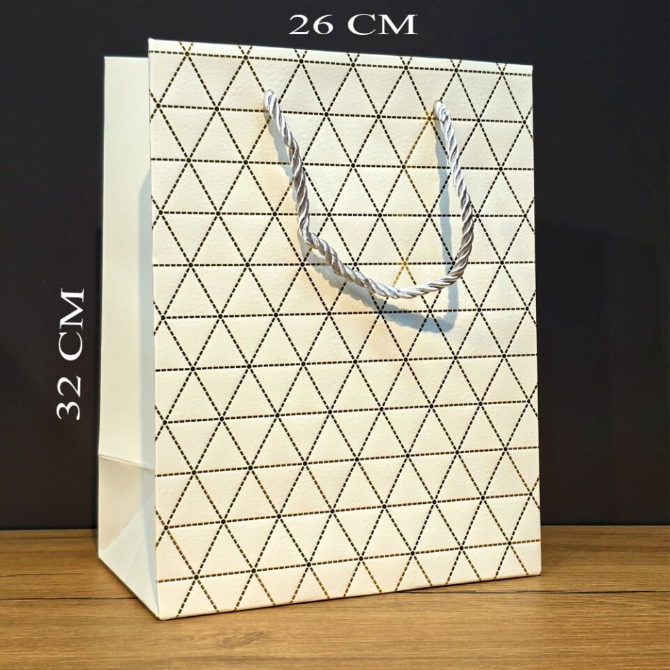 Beyaz Geometrik Desenli Büyük Boy Karton Hediye Çantası